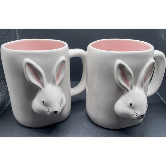 Easter Rae Dunn 20 oz Mugs. Set of 2 Double Sided. 3D Bunny Heads. New with Tags - Picture 1 of 8